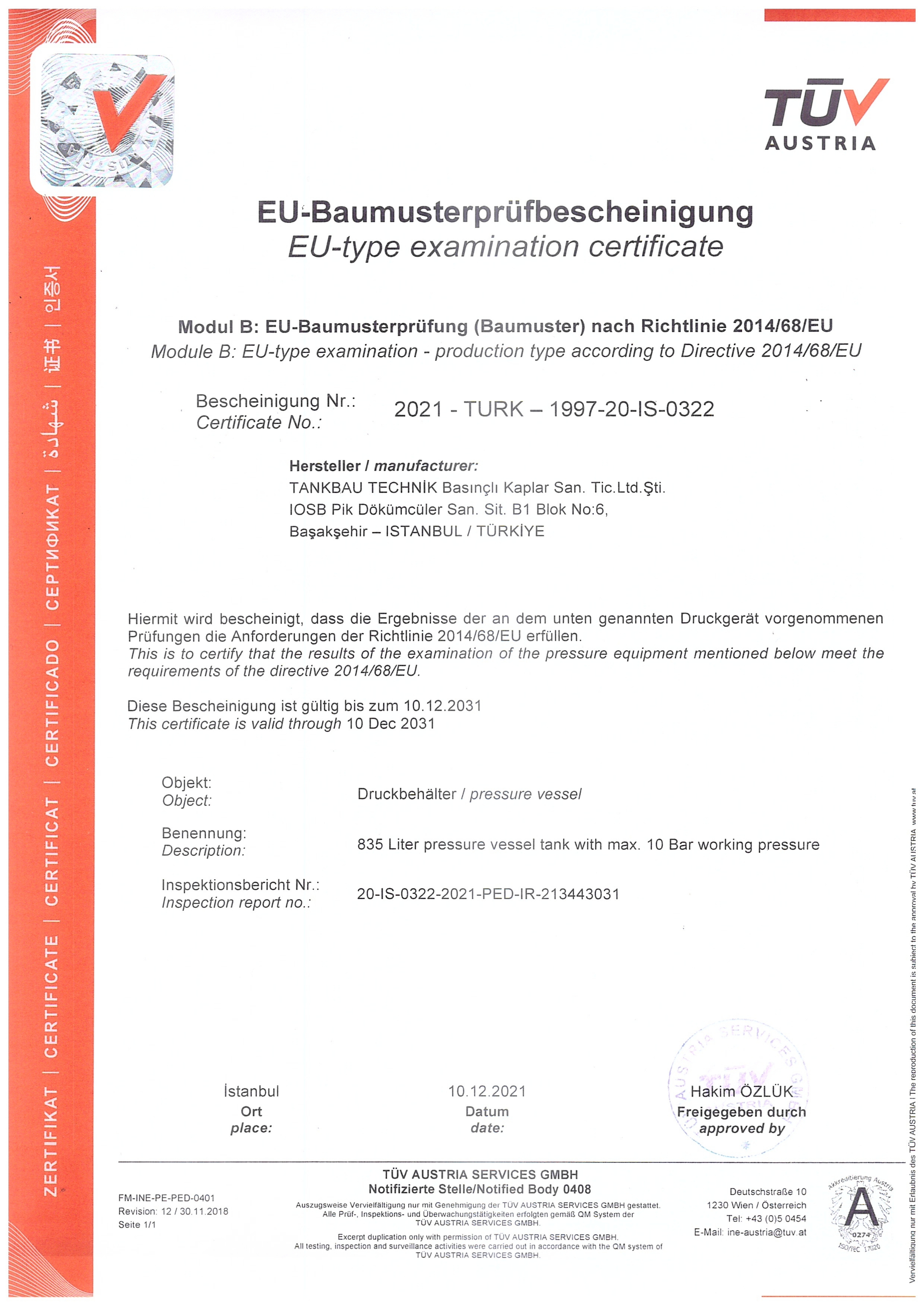 TBT Tankbau Teknik Kalite Sertifikası - CE, PED 2014/68/EU, ASME, TSE, ISO 9001 2