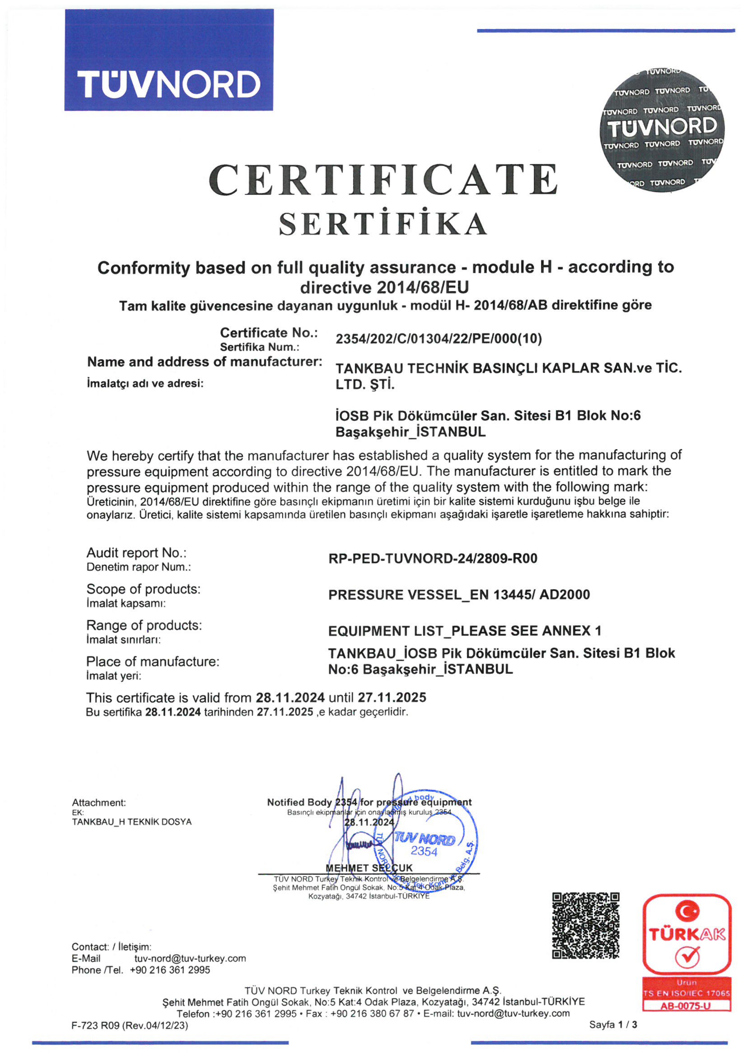 TBT Tankbau Teknik Kalite Sertifikası - CE, PED 2014/68/EU, ASME, TSE, ISO 9001 4