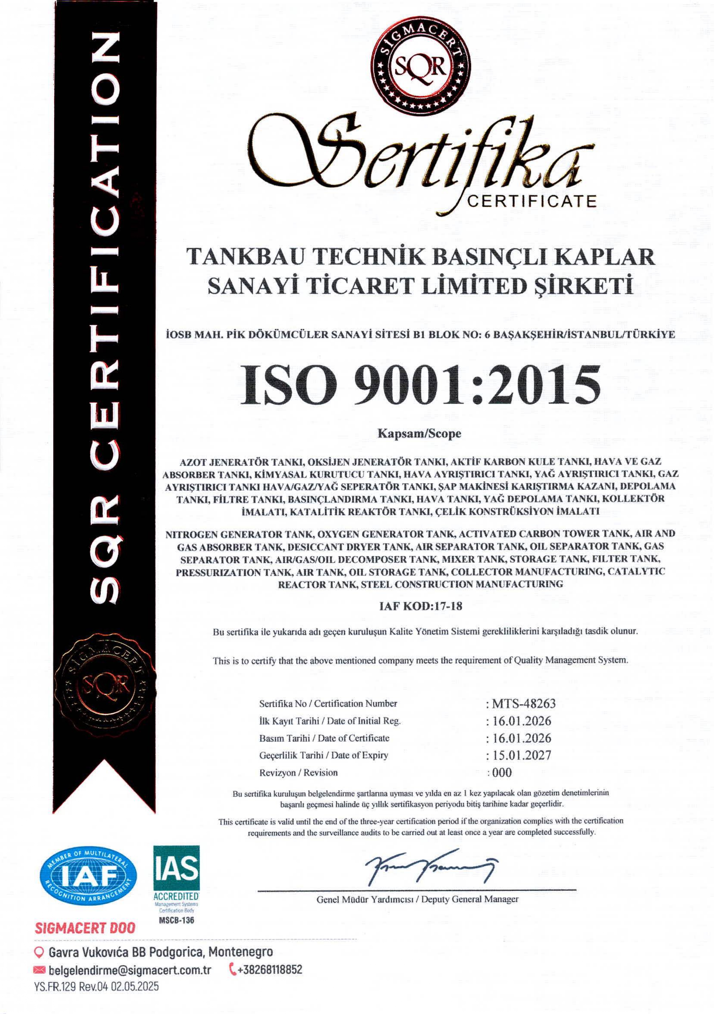 TBT Tankbau Teknik Kalite Sertifikası - CE, PED 2014/68/EU, ASME, TSE, ISO 9001 5